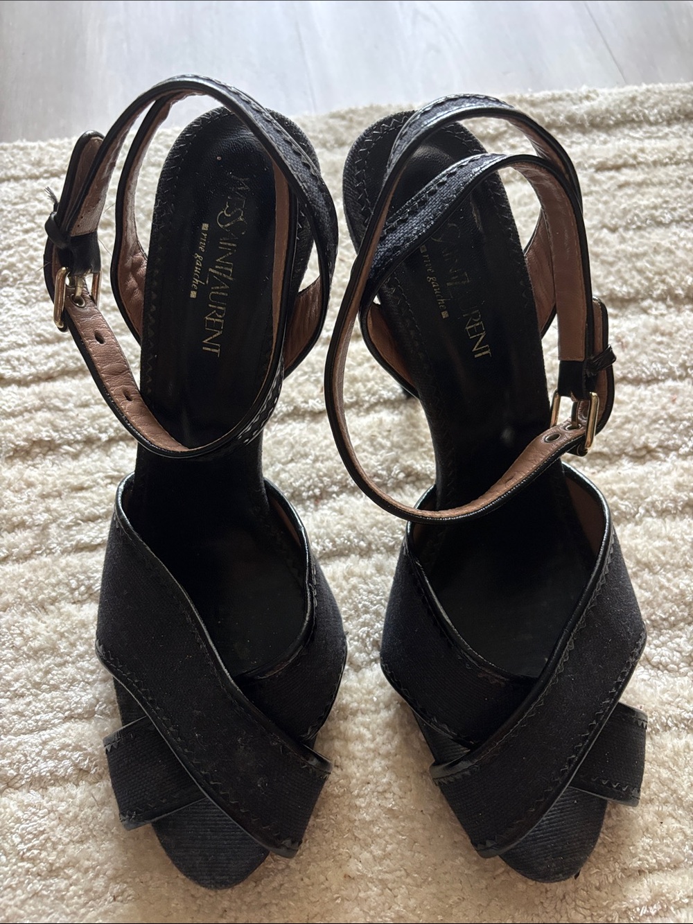 Saint Laurent Black Crisscross Ankle-Strap Wedge Sandals